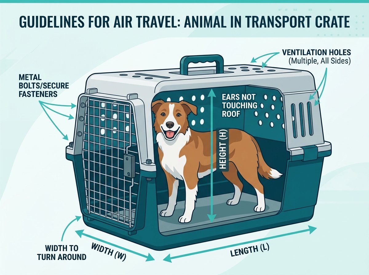 Diagram showing an IATA compliant travel crate with proper ventilation, secure metal bolts, and enough space for a dog to stand without its ears touching the roof.