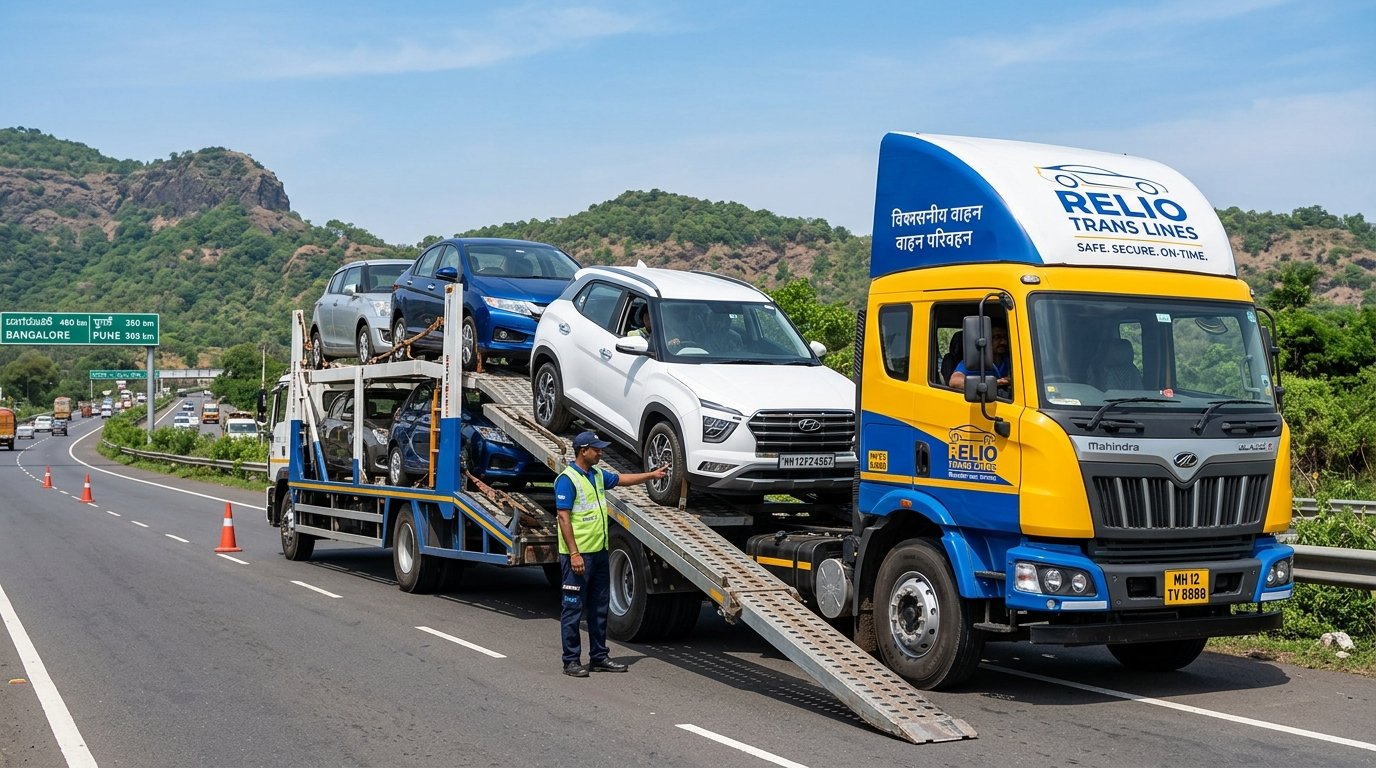 A white car being loaded onto a modern yellow and blue auto transport truck on the highway connecting Pune to Bangalore