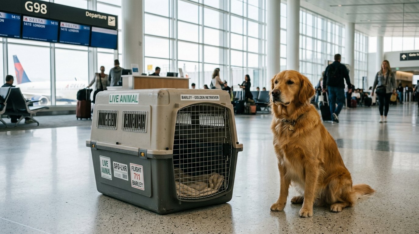 Golden Retriever resting beside an IATA-approved travel crate at an international airport terminal