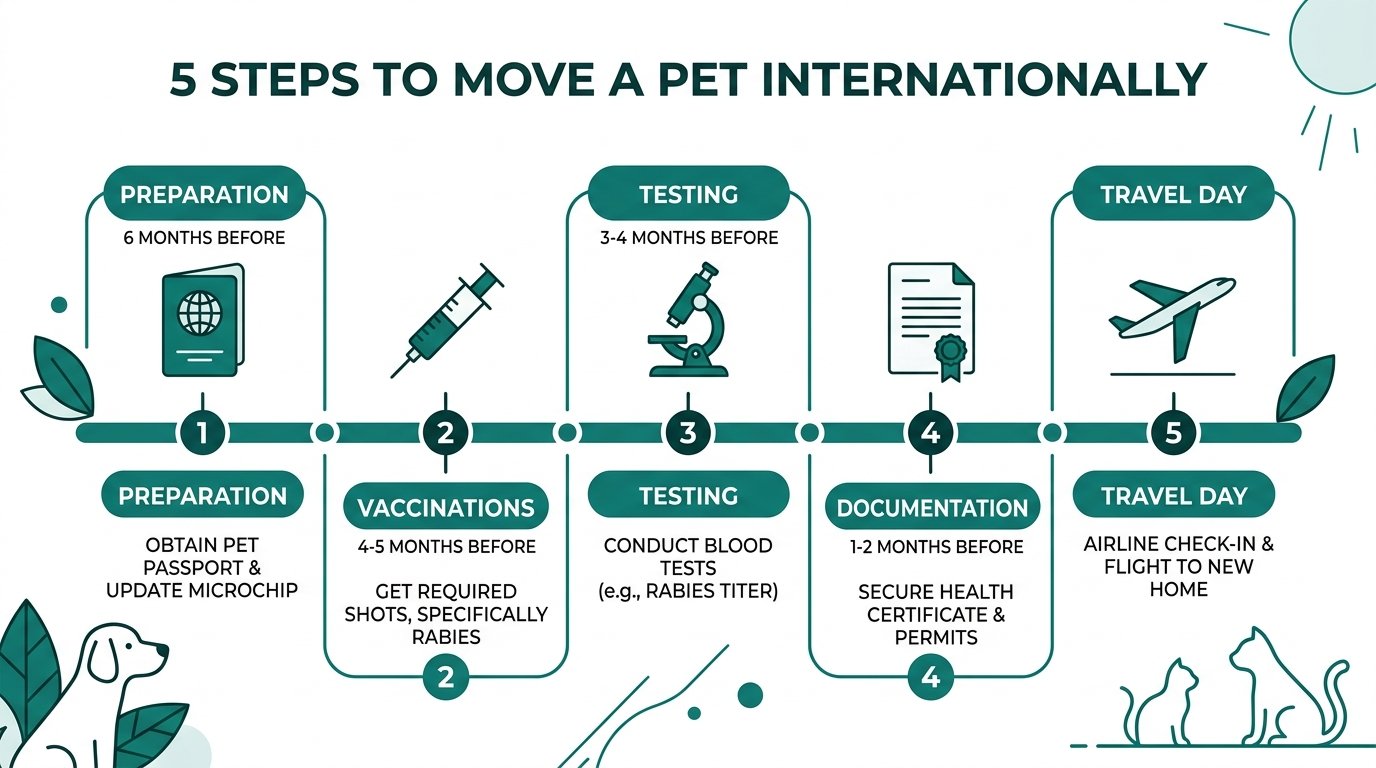 Timeline infographic for international pet relocation showing steps from destination rules to AQCS NOC and flight